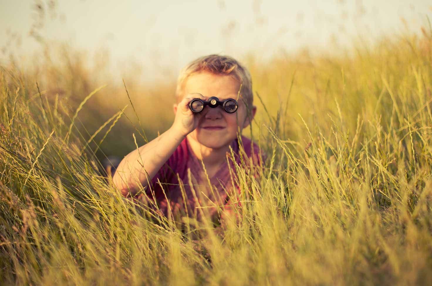Petit garçon regardant à travers des jumelles dans un champ d'herbes hautes